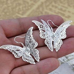 NEW - Silver Tone Filigree Butterfly Drop Dangle Hook Earrings